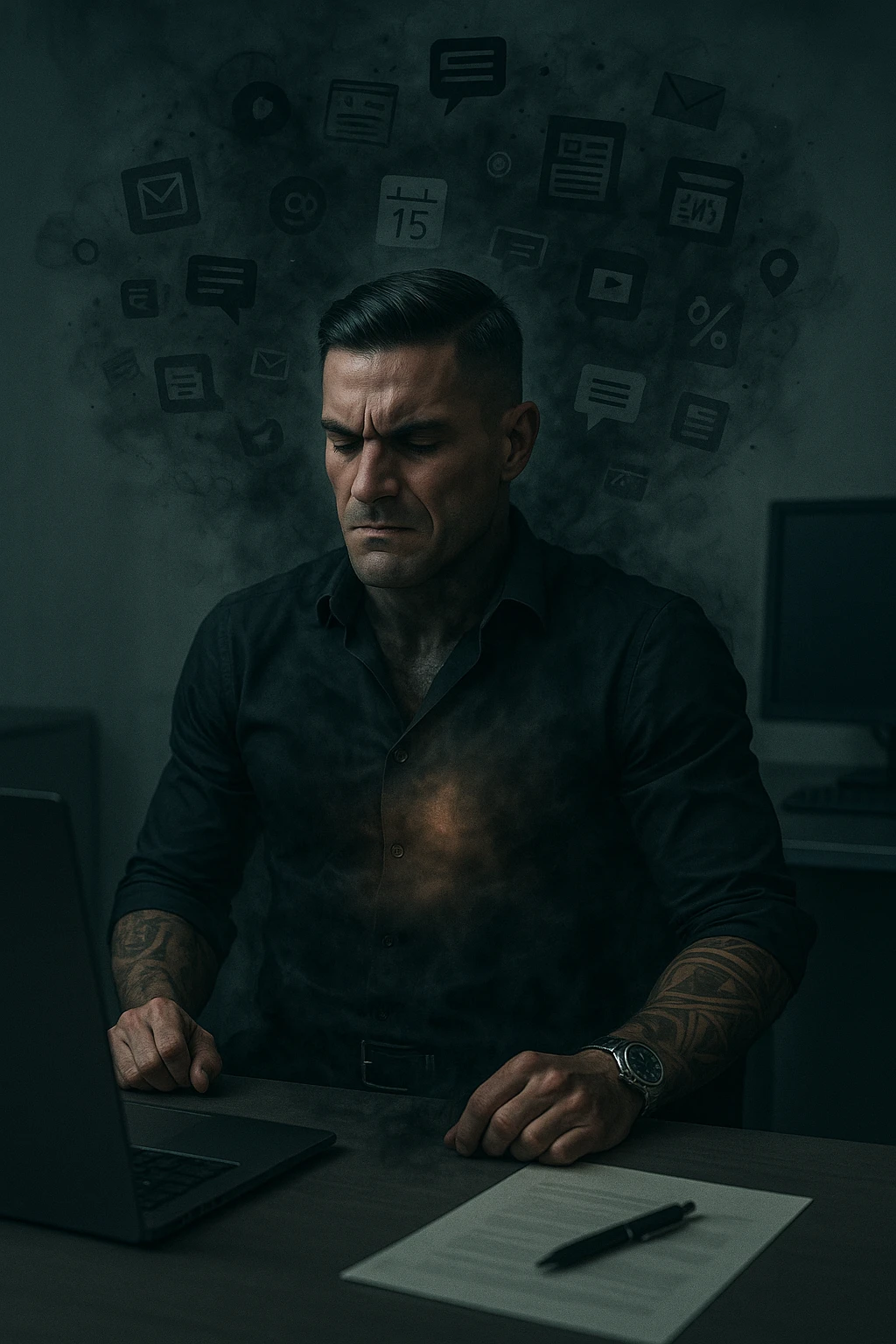 A highly realistic, cinematic image of a young man in his early 30s, sitting at a modern office desk under harsh artificial lighting, shoulders hunched, jaw clenched, and breathing shallowly, symbolizing how modern society forces people to live in a state of chronic tension and restricted breathing. Around him, faint black and grey visual elements represent notifications, deadlines, social media icons, and news alerts, swirling around his head like a chaotic storm, symbolizing societal pressure. His chest appears visually tight and compressed, and faint dark smoke emanates from his body, representing blocked breath and internalized stress. In contrast, a faint glowing light near his chest and abdomen tries to expand, symbolizing the innate desire of the body to breathe freely and deeply. The environment is cold and minimalistic, with a sense of stillness and tension, captured in a hyperrealistic 35mm film style with muted colors, focusing on the man's tense posture and restricted breathing to reflect the unseen burden of modern living. emoji