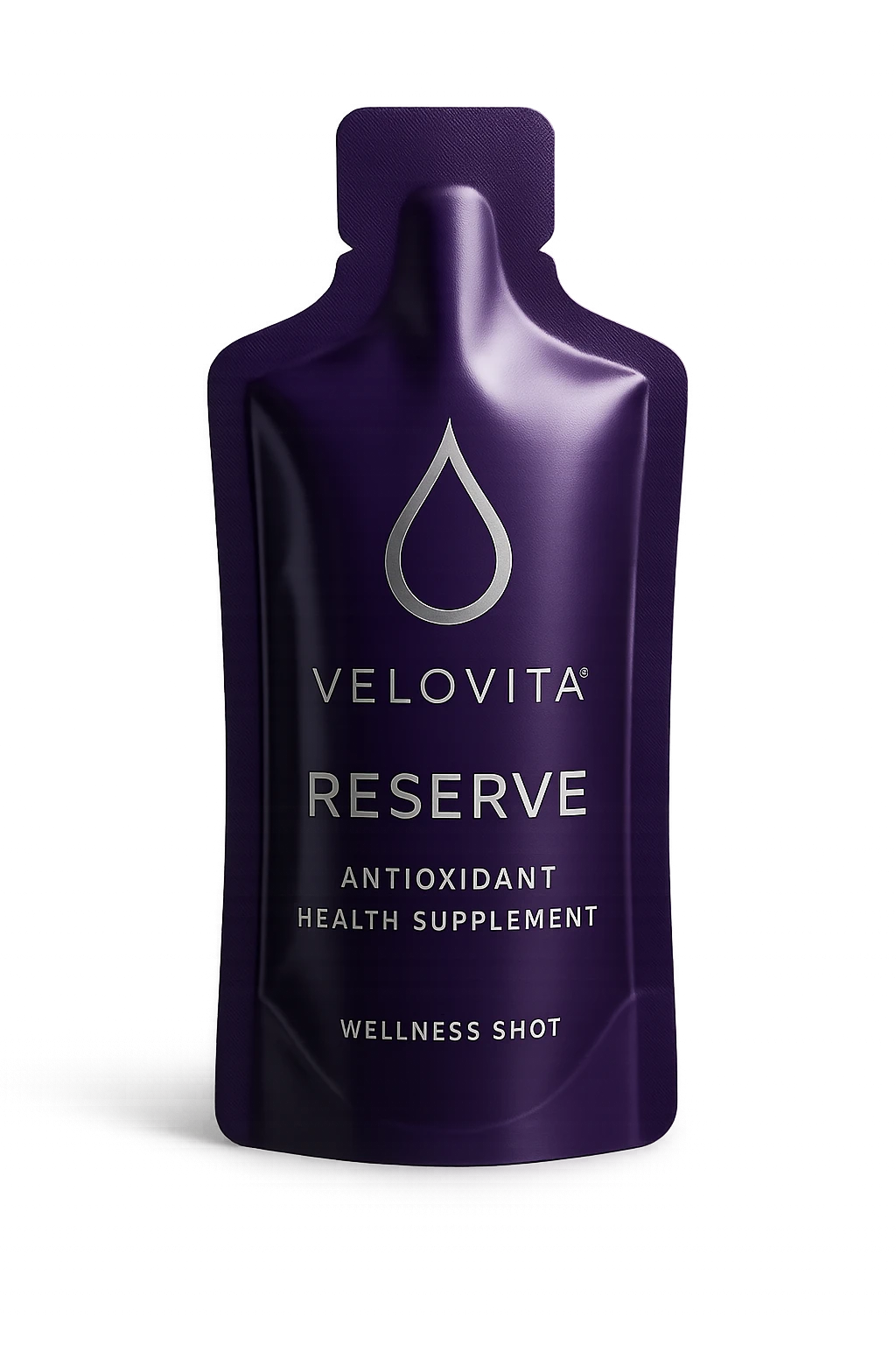 A small, premium purple wellness shot pouch with silver accents and a droplet logo, representing VELOVITA® RESERVE antioxidant health supplement. The pouch looks modern and high-end. emoji
