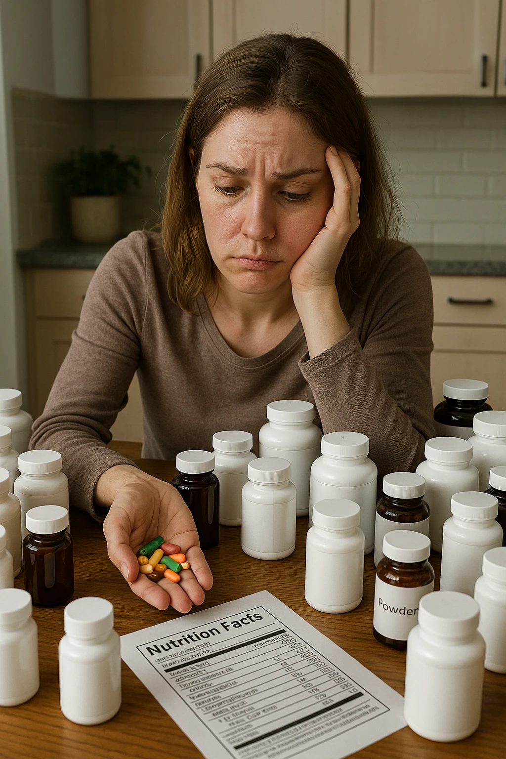 a woman in her 30s sits at her kitchen table, surrounded by dozens of supplement bottles, powders, and pills. She looks anxious and fatigued, with her head resting in one hand while the other holds a handful of colorful capsules. On the table, a nutrition chart is ignored, and her skin appears slightly dull or stressed. The mood is cautionary and educational. in italiano emoji