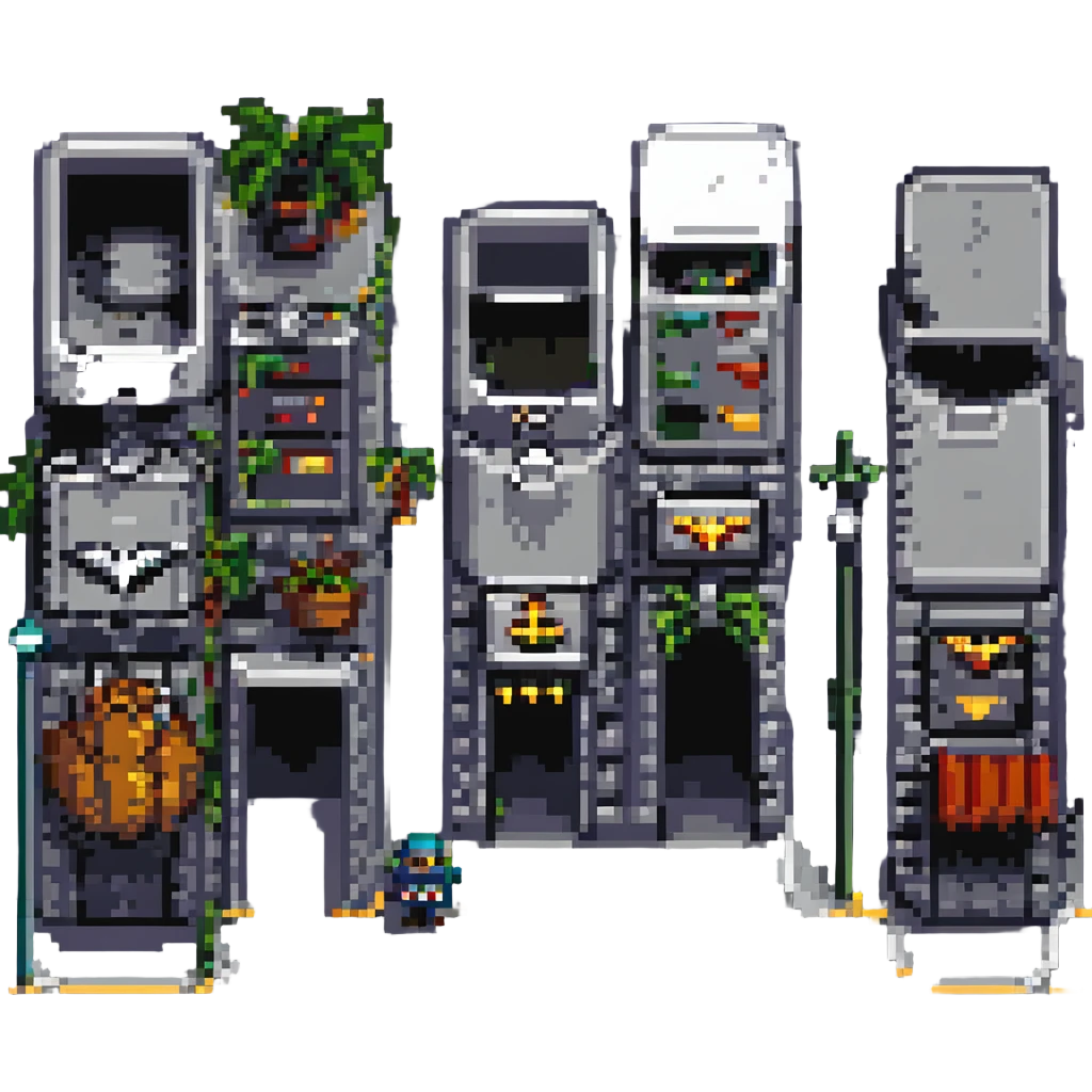 Wide pixel art background of a dark Gotham City street. Empty road with sidewalk, flickering lamppost casting light, trash bins nearby, distant shadowy silhouettes. Tall buildings in the background, moody atmosphere, subtle rain or fog. emoji