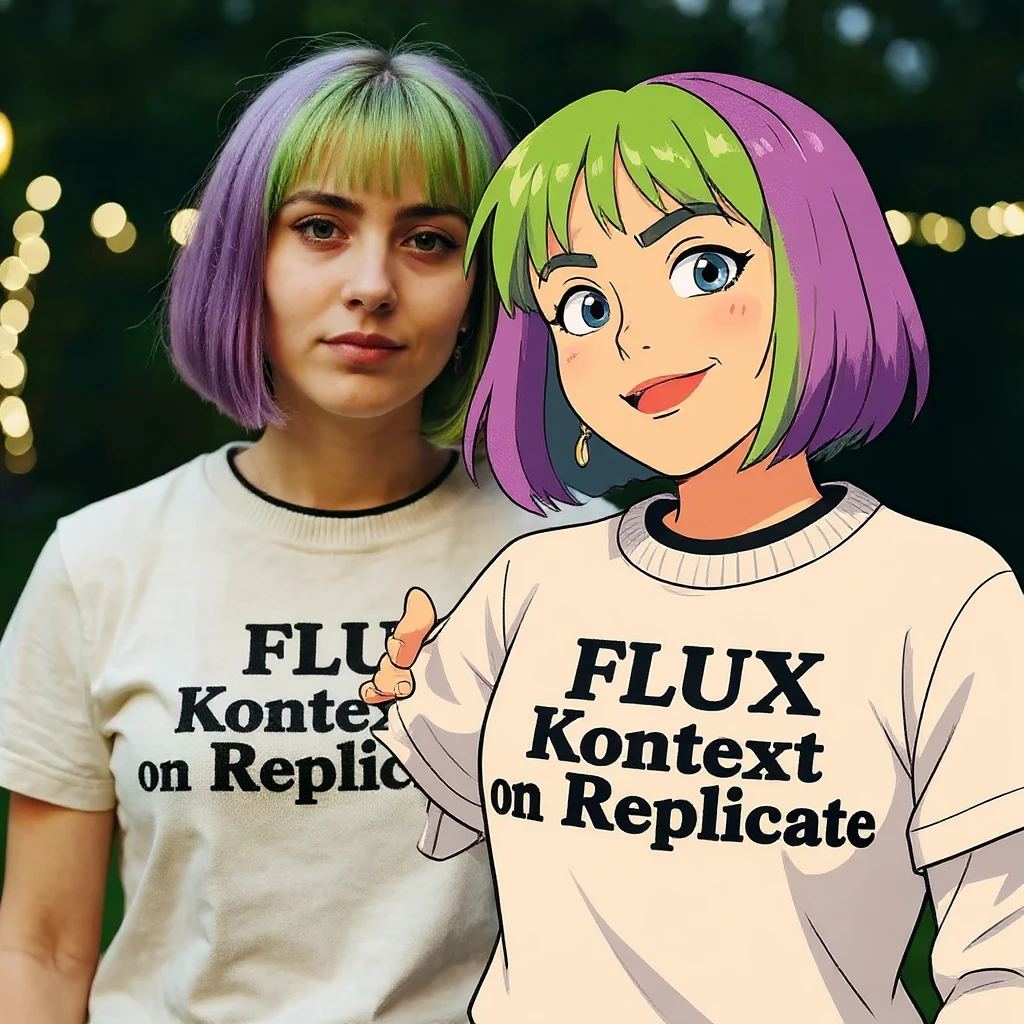 make a image of a girl with a anime version of that girl beside her wearing tshirt with text of just "FLUX Kontext" nothing else emoji