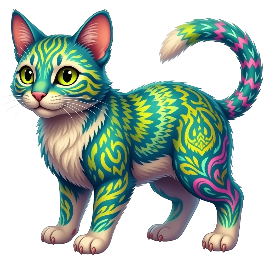 Exotic tropical lush Neon-colored fantasy feline-rodent-marsupial-critter-vernid-fursona animal creature full body with intricate markings emoji