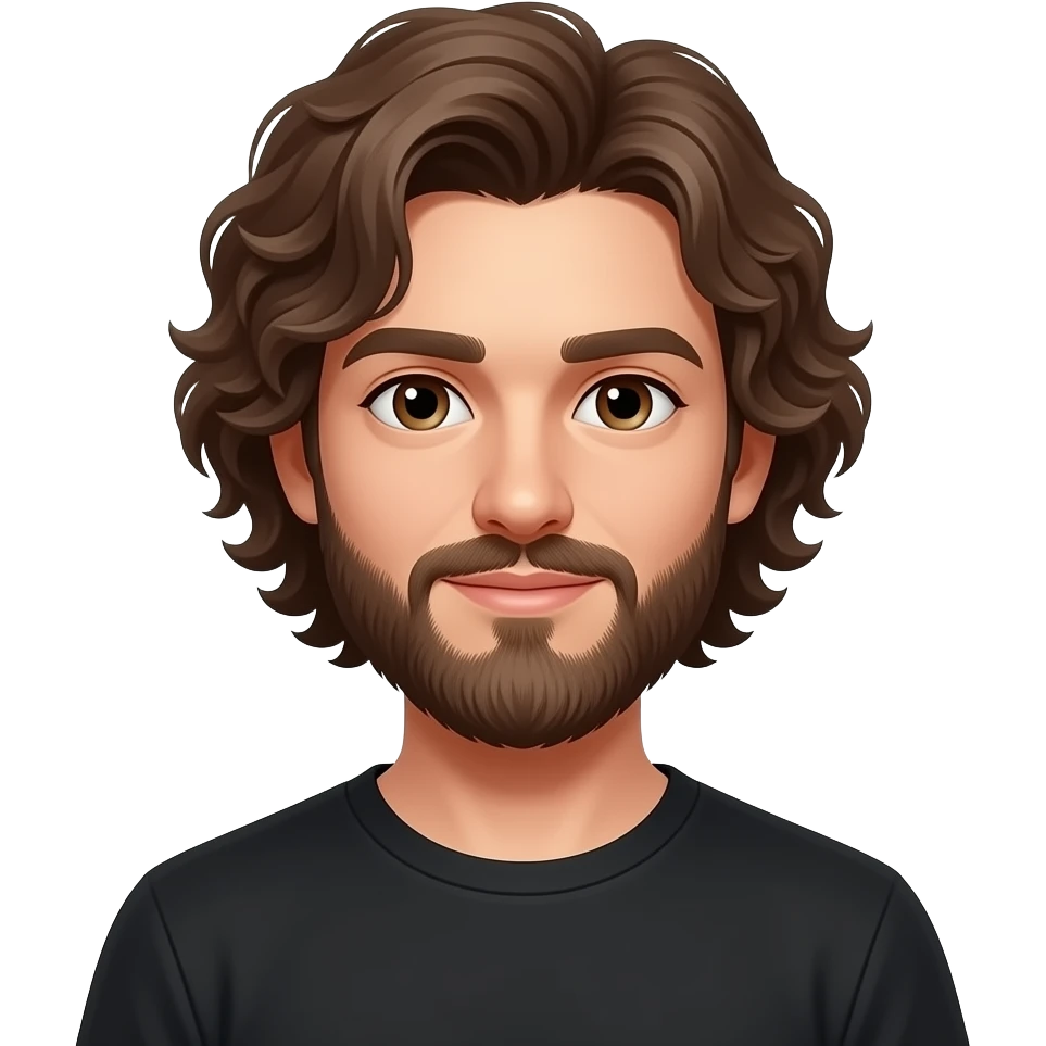 person with brown curly hair and brown beard wearing a black shirt emoji