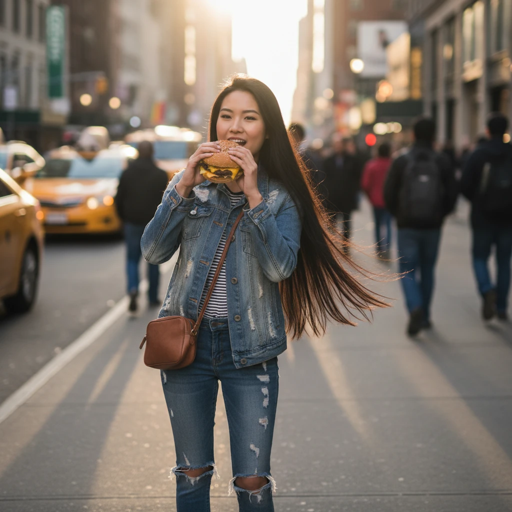 A full-length photo of a girl with long black hair holding a burger emoji