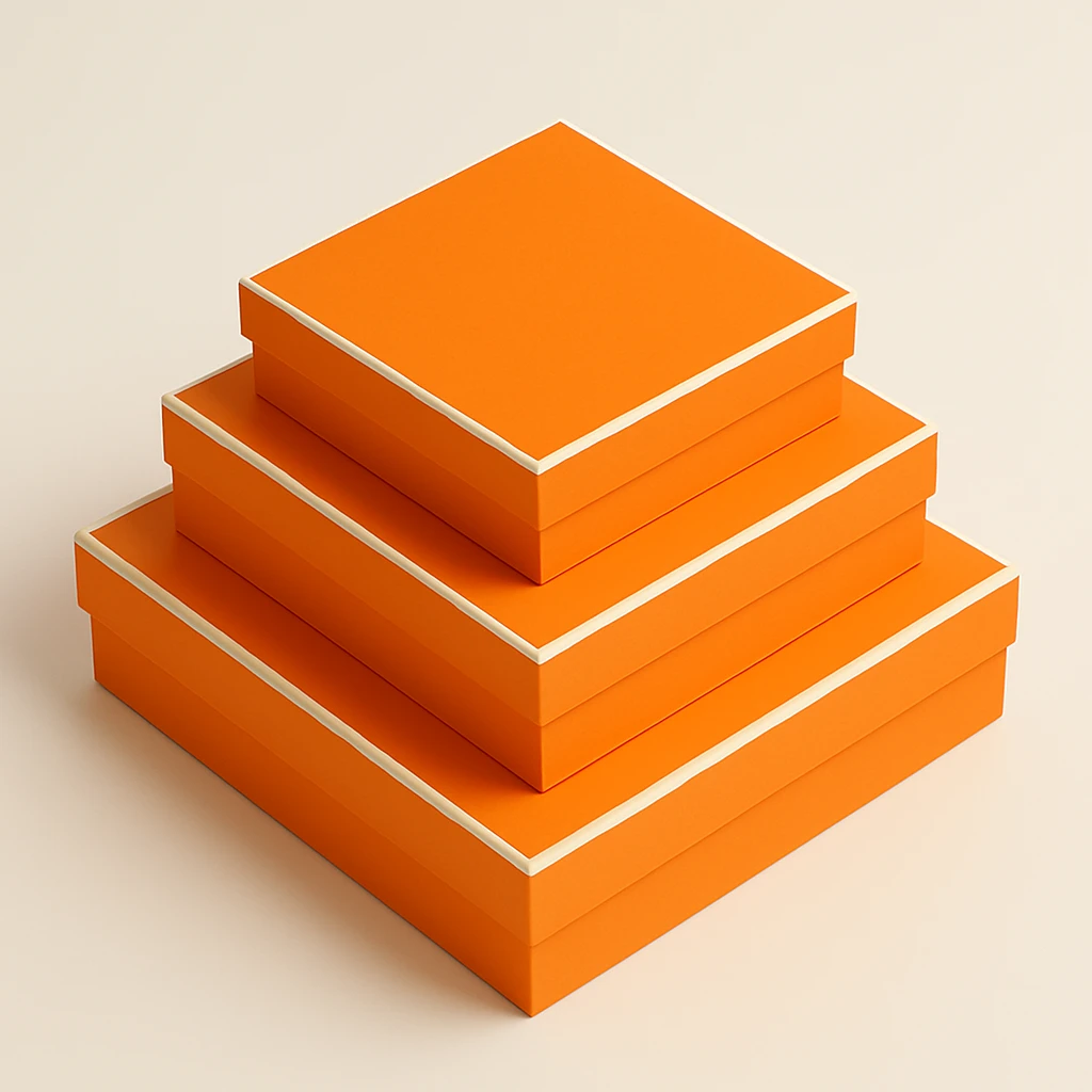 3D style stack of orange Hermès boxes, all same square shape and proportions as reference, different sizes, minimal, no logo, on white or transparent background emoji