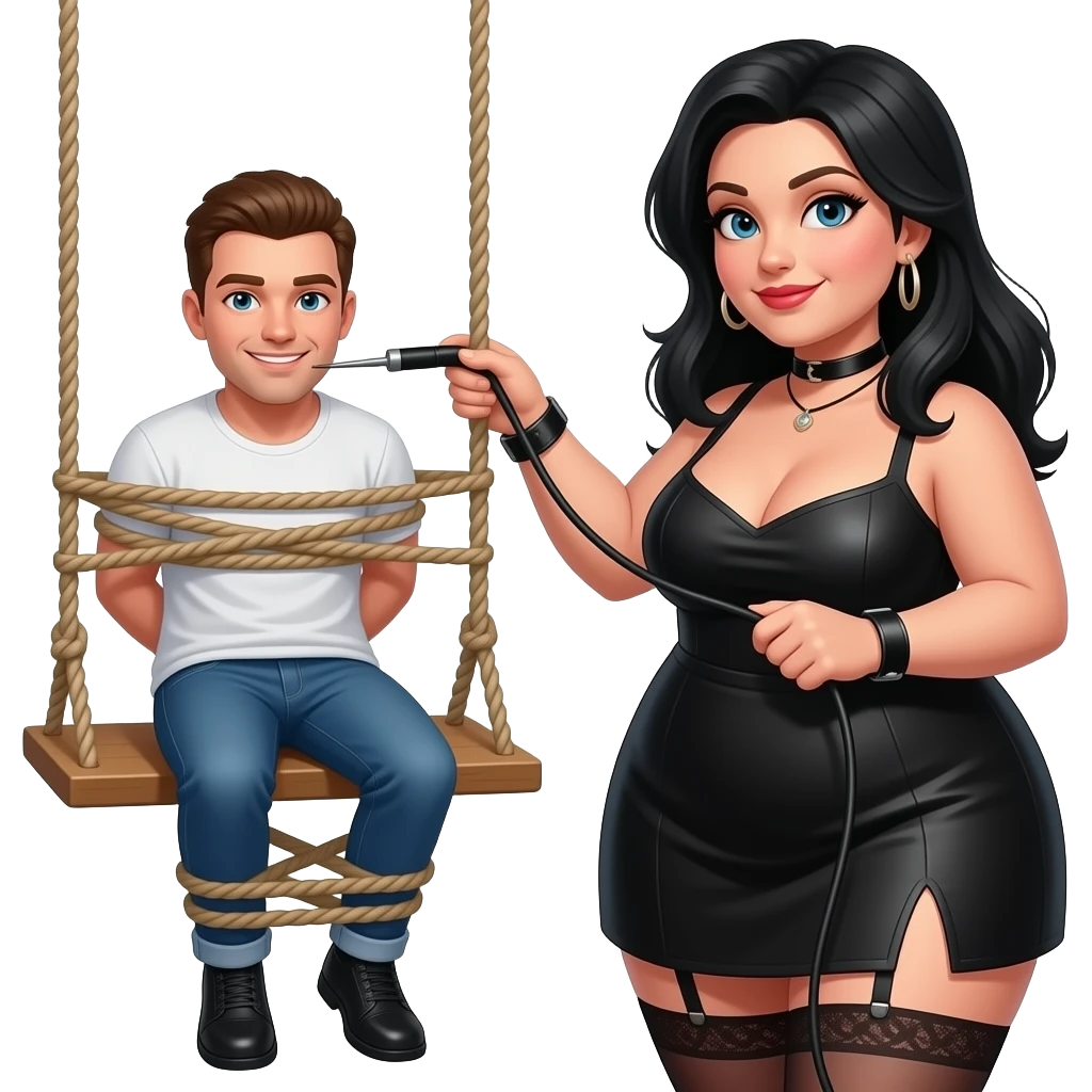 Guy tied up, restrained in sex, swing, plus size dominatrix with black hair whipping and pegging, sissy emoji