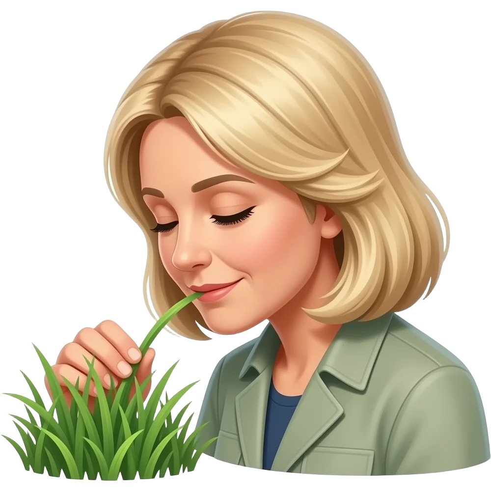 A middle-aged blonde woman with shoulder-length hair sniffing the grass in a park emoji