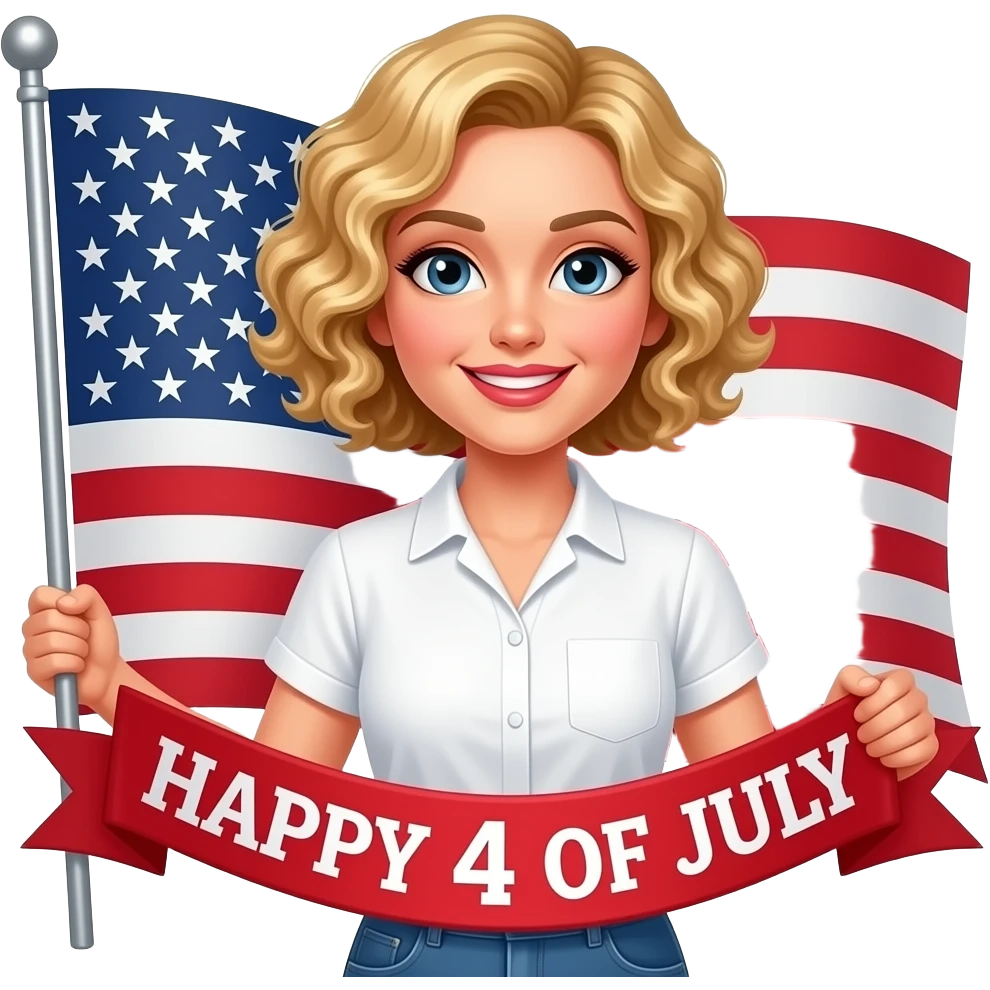 blonde tight curly hair in a short bob with a Happy 4 of July banner in red writing and a white short sleeve art blouse and a huge flag emoji