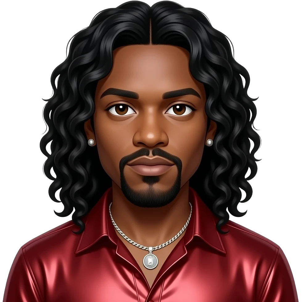 Big Boi from Outkast with dark brown eyes, long black wavy hair, red metallic shirt, necklace and earrings emoji