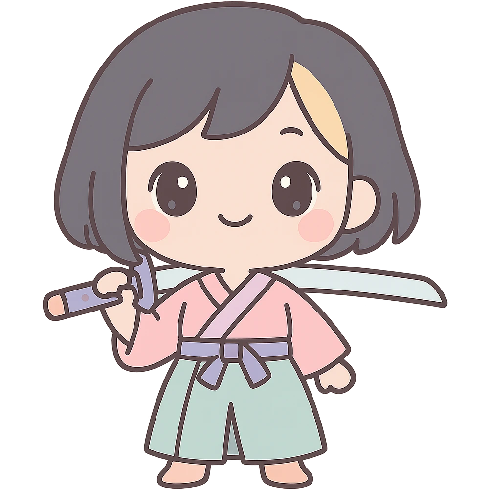 chibi style kawaii samurai girl with short hair and one streak of blonde in her hair, standing confidently, holding sword over shoulder, pastel palette emoji