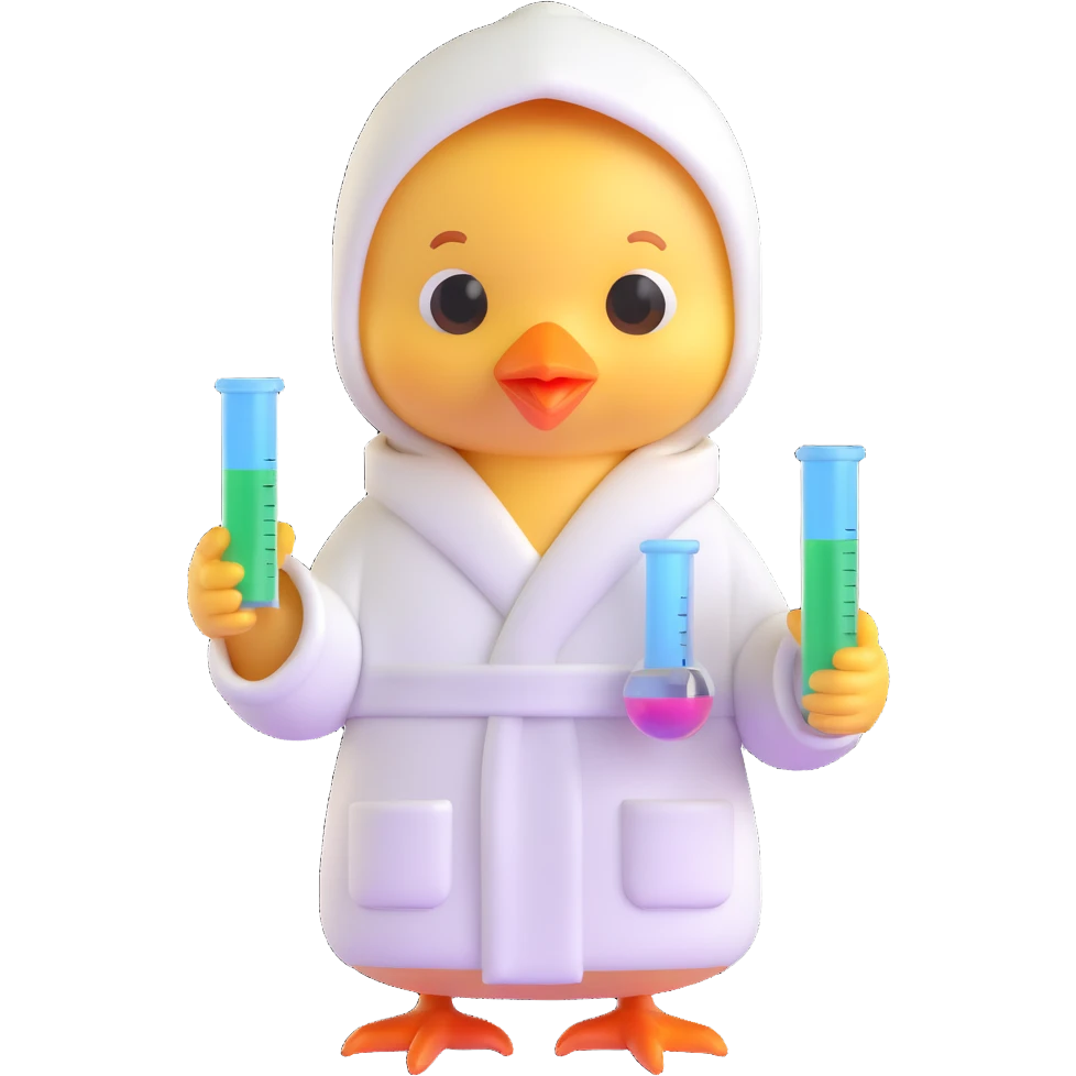 3D style cute chick in a robe holding test tubes and beakers emoji