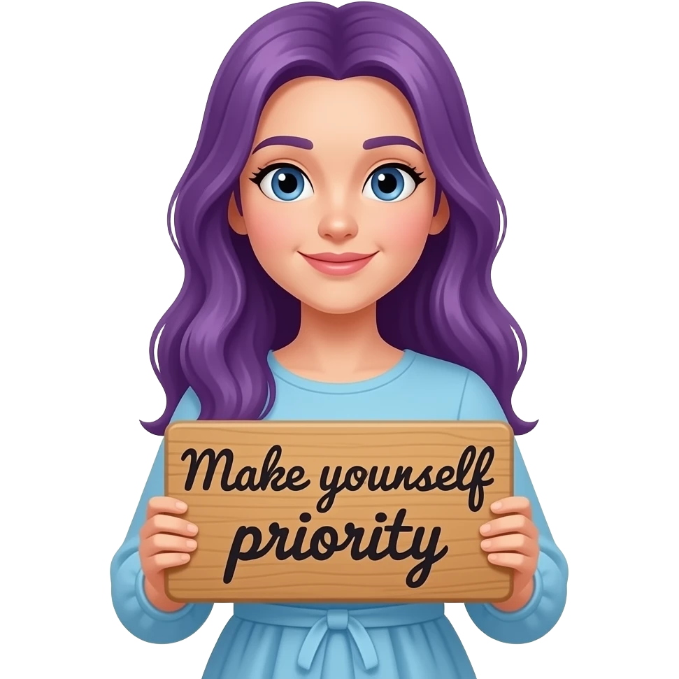 girl with long purple hair holding a REMINDER Make yourself priority sign emoji