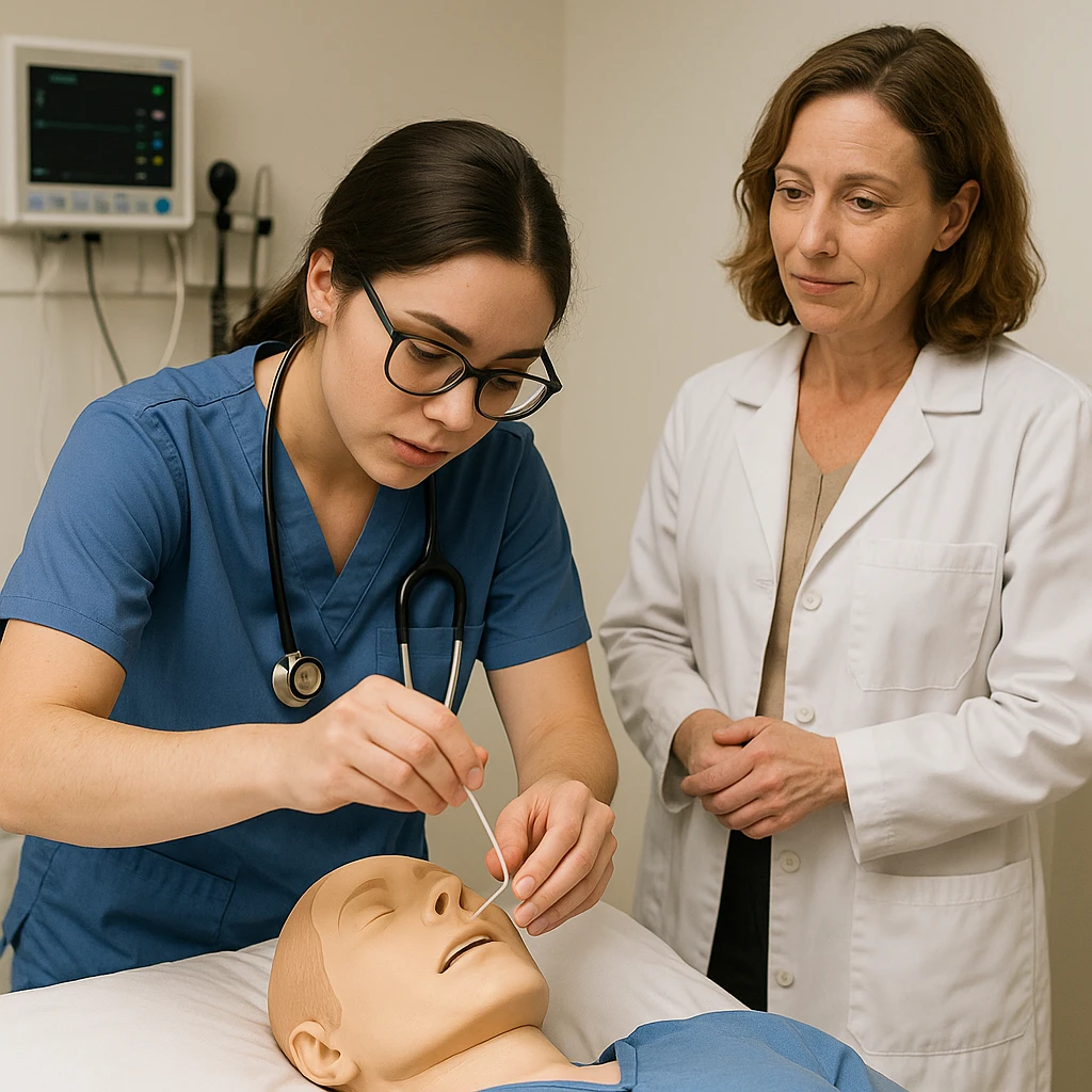 A student performing a clinical procedure on a mannequin or patient, with a teacher supervising, medical training, healthcare education emoji