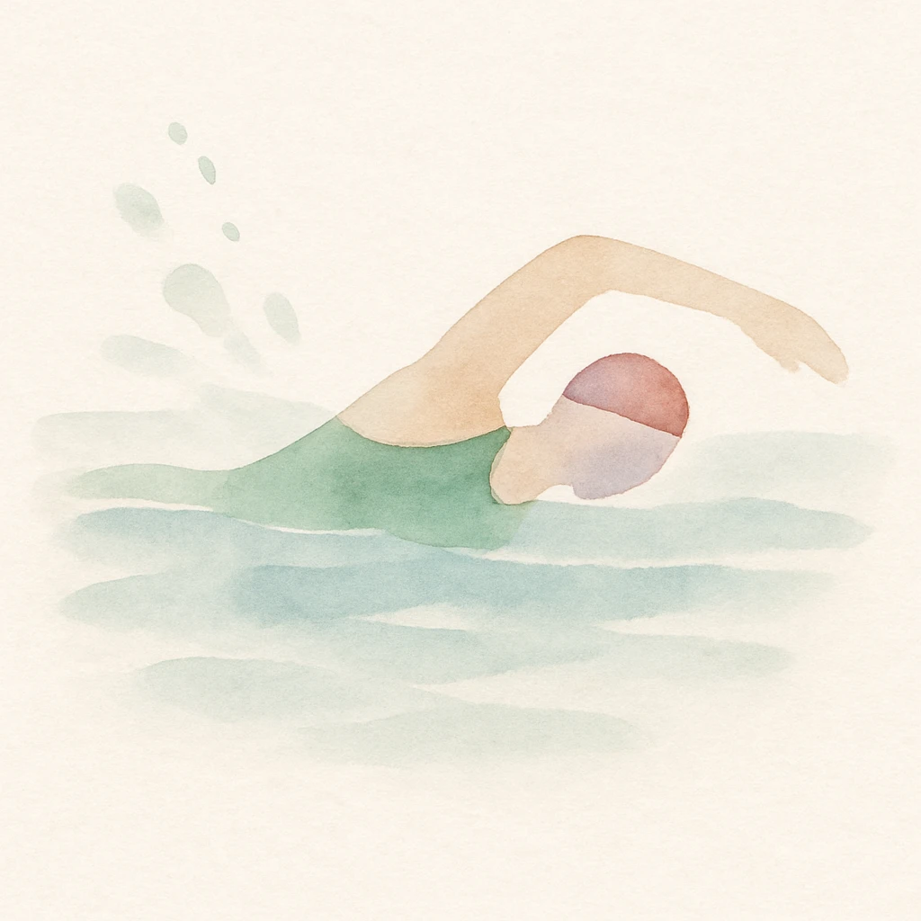tranquil watercolor depiction of a swimmer doing freestyle in a pool, soft colors and flowing water emoji