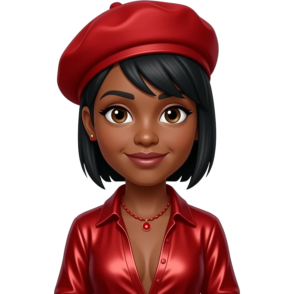 Ny from The Next Kidz with dark brown skin, dark brown eyes, black short tomboy hair, red hat, red metallic open dress shirt, red necklace and earrings emoji