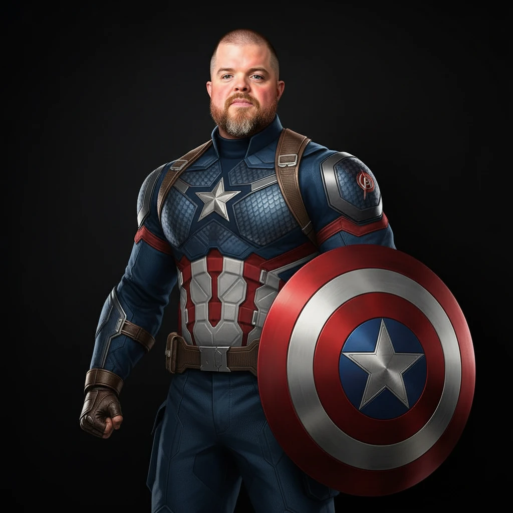 Transform this photo of me into a super-muscular, athletic version of myself wearing the modern Captain America suit from the Avengers movies. Keep my face but give me a heroic, powerful build, with detailed armor, shield, and confident posture. emoji