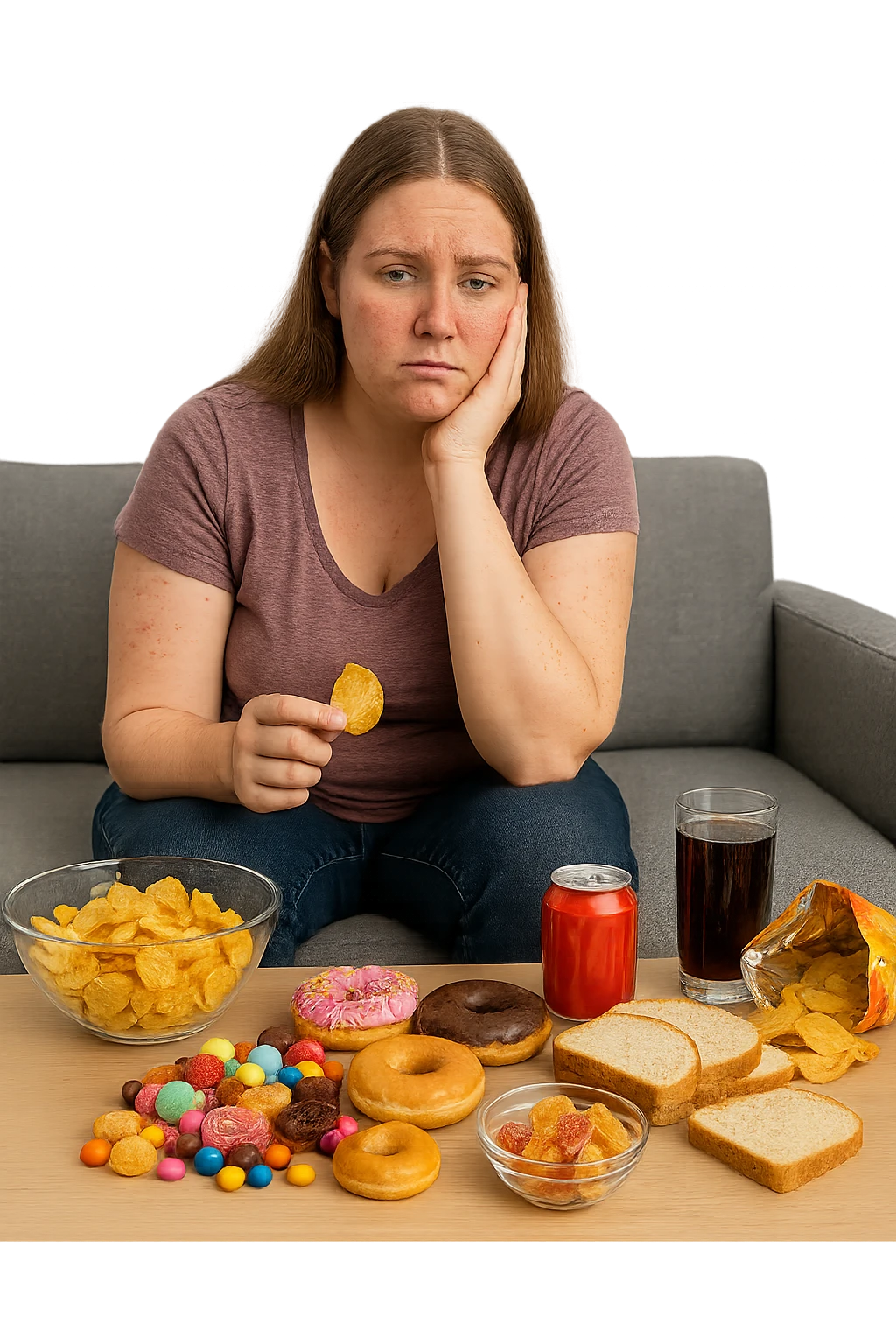 Donna tra i 25 e i 35 anni seduta sul divano o a un tavolo disordinato, circondata da cibi sparsi e poco sani: patatine, dolci, pane bianco, snack confezionati, bibite. con infiammazione e squilibri ormonali emoji