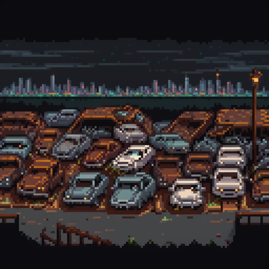 Pixel art junkyard at night, crushed cars, rusty metal, broken fence, flickering light, city lights far in the background, vertical 9:16 scene, side-view camera, retro arcade fighting stage
 emoji