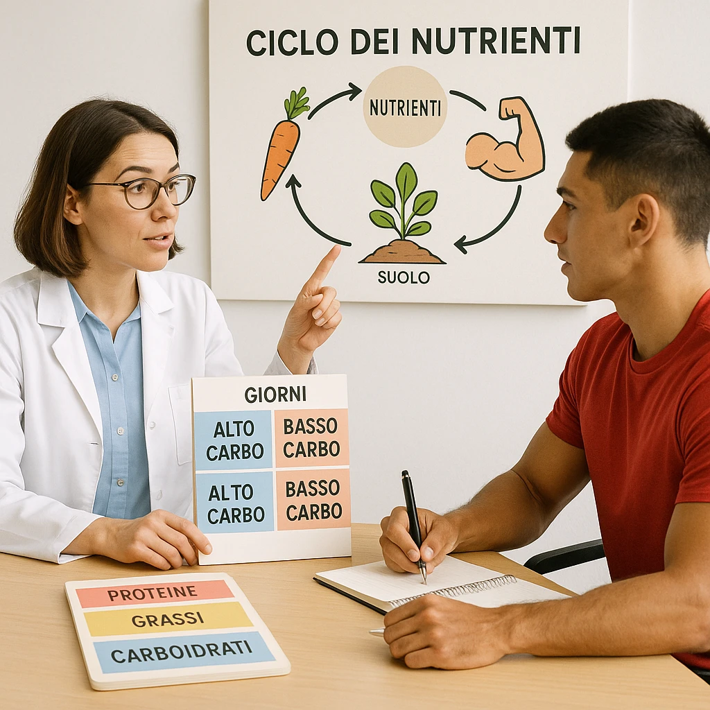 educational scene with a nutritionist explaining nutrient cycling to an athlete, vertical planner on the desk with alternating high-carb and low-carb days, color-coded sections for proteins, fats, and carbohydrates, text in Italian written vertically. The athlete is taking notes, with an illustrative chart in the background. Professional and educational atmosphere. emoji