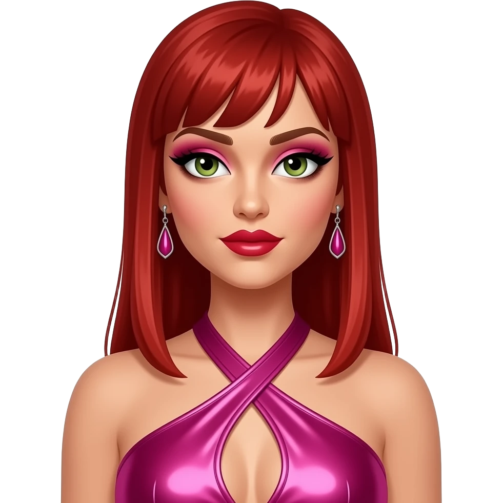 Carmit Bachar from The Pussycat Dolls with hazel-green eyes, long red straight hair, hot pink eyeshadow, red lipstick, hot pink metallic halter dress, earrings emoji