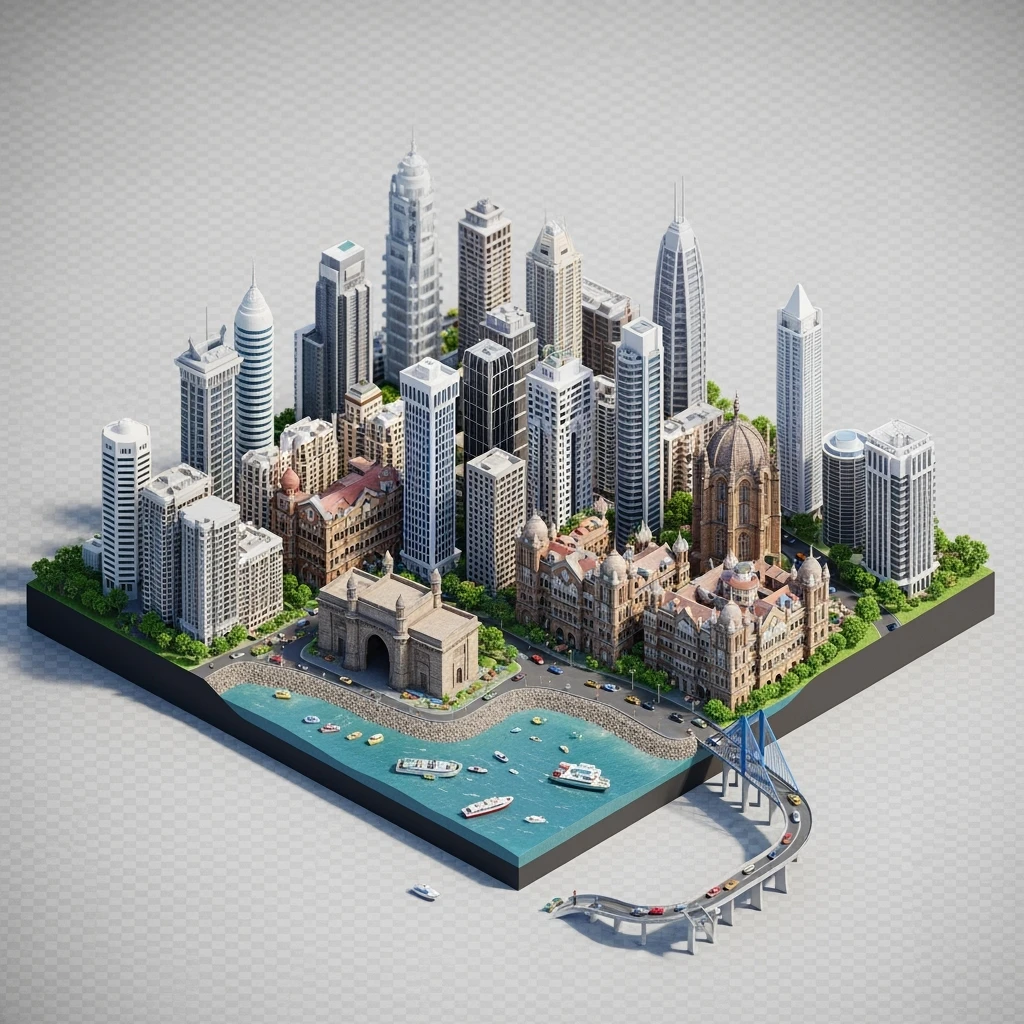 Isometric miniature of Mumbai city, featuring iconic landmarks like Gateway of India, Bandra-Worli Sea Link, Chhatrapati Shivaji Terminus,  clustered high-rises and skyscrapers, 3D miniature effect and Tilt Shift effect, no cartoonish look, transparent background.

 clustered high-rises emoji