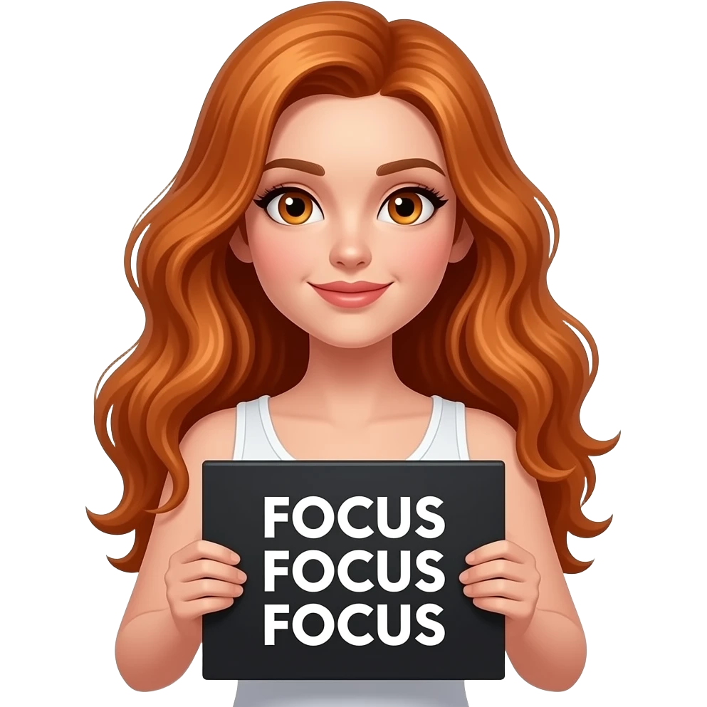 sexy girl with long wavy ginger hair and ginger eyes wearing a white tanktop is holding a black colored sign with FOCUS FOCUS FOCUS written on it emoji