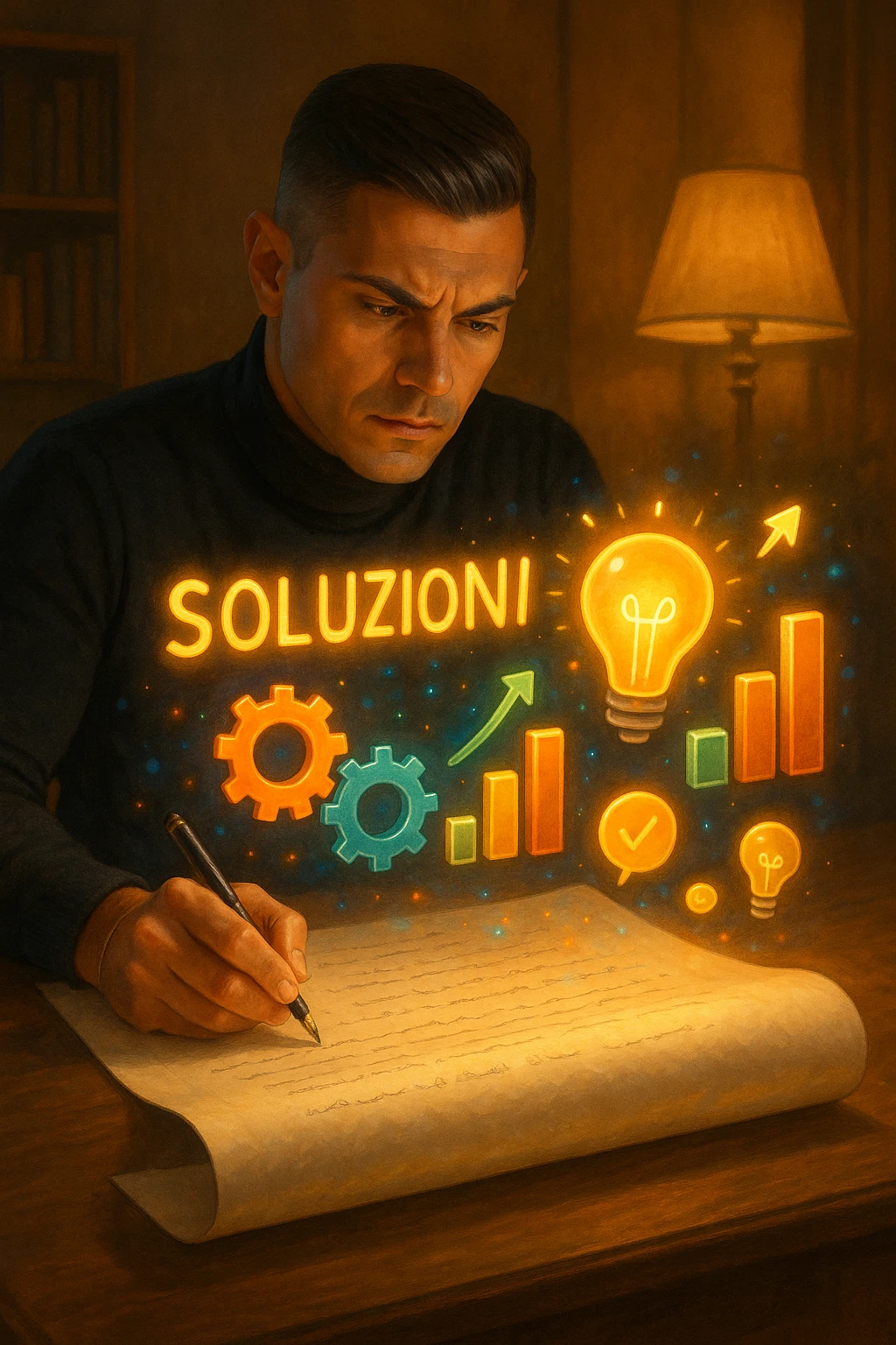 Un uomo concentrato, seduto alla sua scrivania in una stanza con luce calda, sta scrivendo su un enorme foglio di carta che si espande magicamente davanti a lui. Mentre scrive, le parole si trasformano in elementi visivi tridimensionali che rappresentano le soluzioni ai suoi problemi in italiano emoji