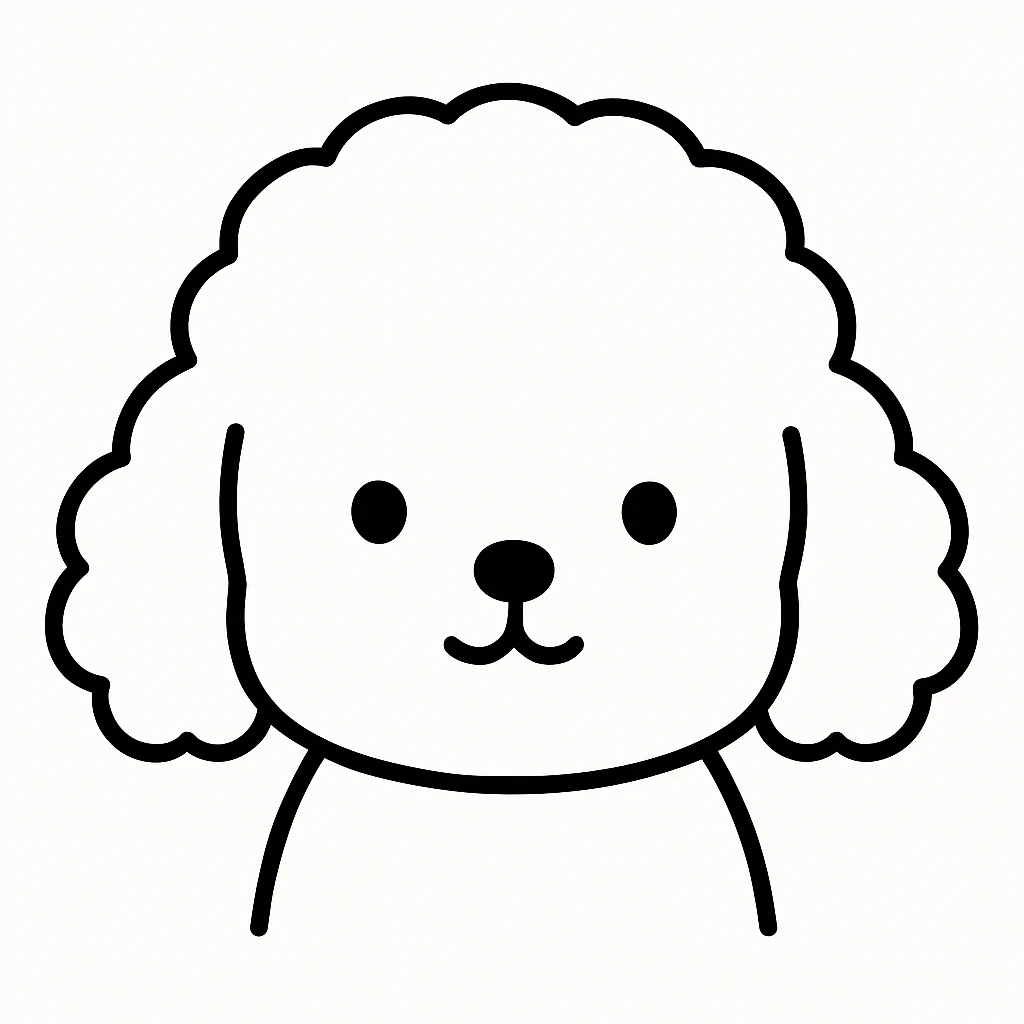 minimalist kawaii line art of a poodle-like dog's head with a large, round, fluffy head and puffy, curly ears hanging down on each side, resembling a poodle. facial features are extremely minimal: two small black dot eyes set wide apart, a tiny round nose, and a simple curved mouth like an upside-down 'Y'. thick, clean, bold black lines on a white background. expression is calm and neutral, conveying a gentle, sweet, and peaceful personality. symmetrical and child-friendly, with a warm, cozy feeling. no colors or shading, just black linework. slight hand-drawn quality but polished and readable, ideal for coloring books or stickers. emoji