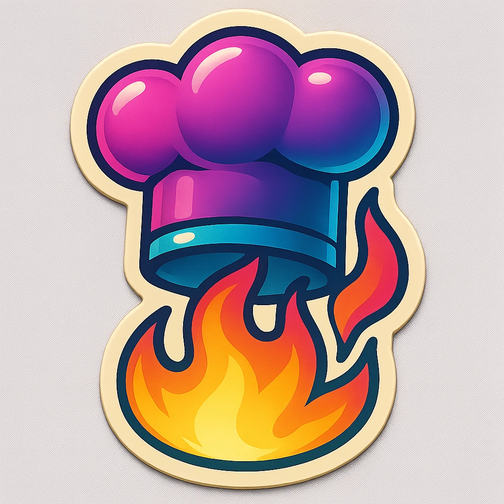 chef's hat with a trail of fire emoji, playful, synthwave colors, vibrant, matching style reference file
 emoji