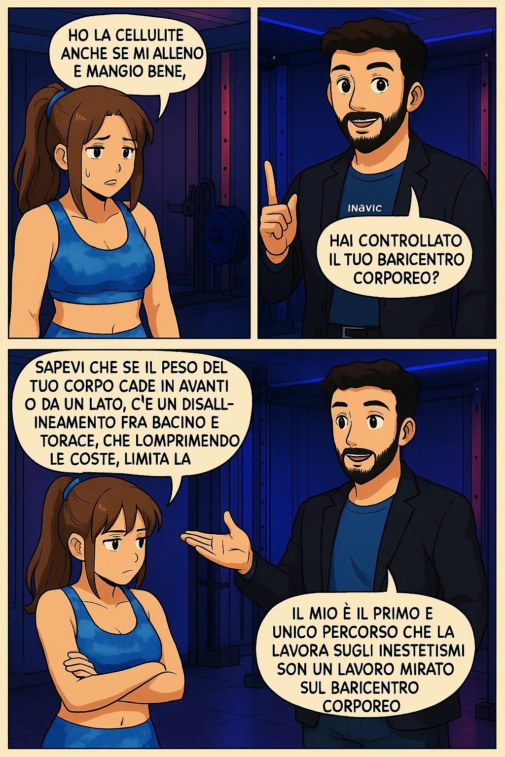 PRENDI SPUNTO DA QUESTO STILE FACENDO UN WEBTOON/MANGA:

LEI: Ho la cellulite anche se mi alleno e mangio bene, cosa posso fare?

LUI: Hai controllato il tuo baricentro corporeo?
LUI: Sapevi che se il peso del tuo corpo cade in avanti o da un lato, c’è un disallineamento fra bacino e torace, che comprimendo le coste, limita la motilità del diaframma e l’ossigenazione dei tessuti?
LUI: Il mio è il primo e unico percorso che lavora sugli inestetismi con un lavoro mirato sul baricentro corporeo. emoji