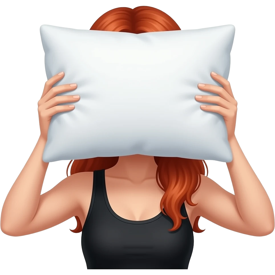 Red haired woman holding a pillow over her eyes, wear a black tank top emoji