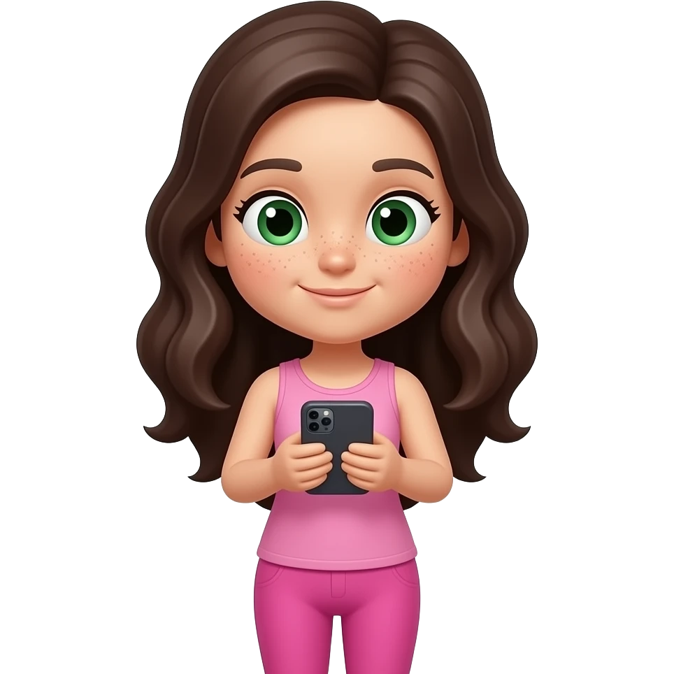 young girl in the style of iphone emoji people, fair skin, green eyes, freckles,long dark brown wavy hair, pink tank top and pink leggings, looking at the phone, looking down emoji