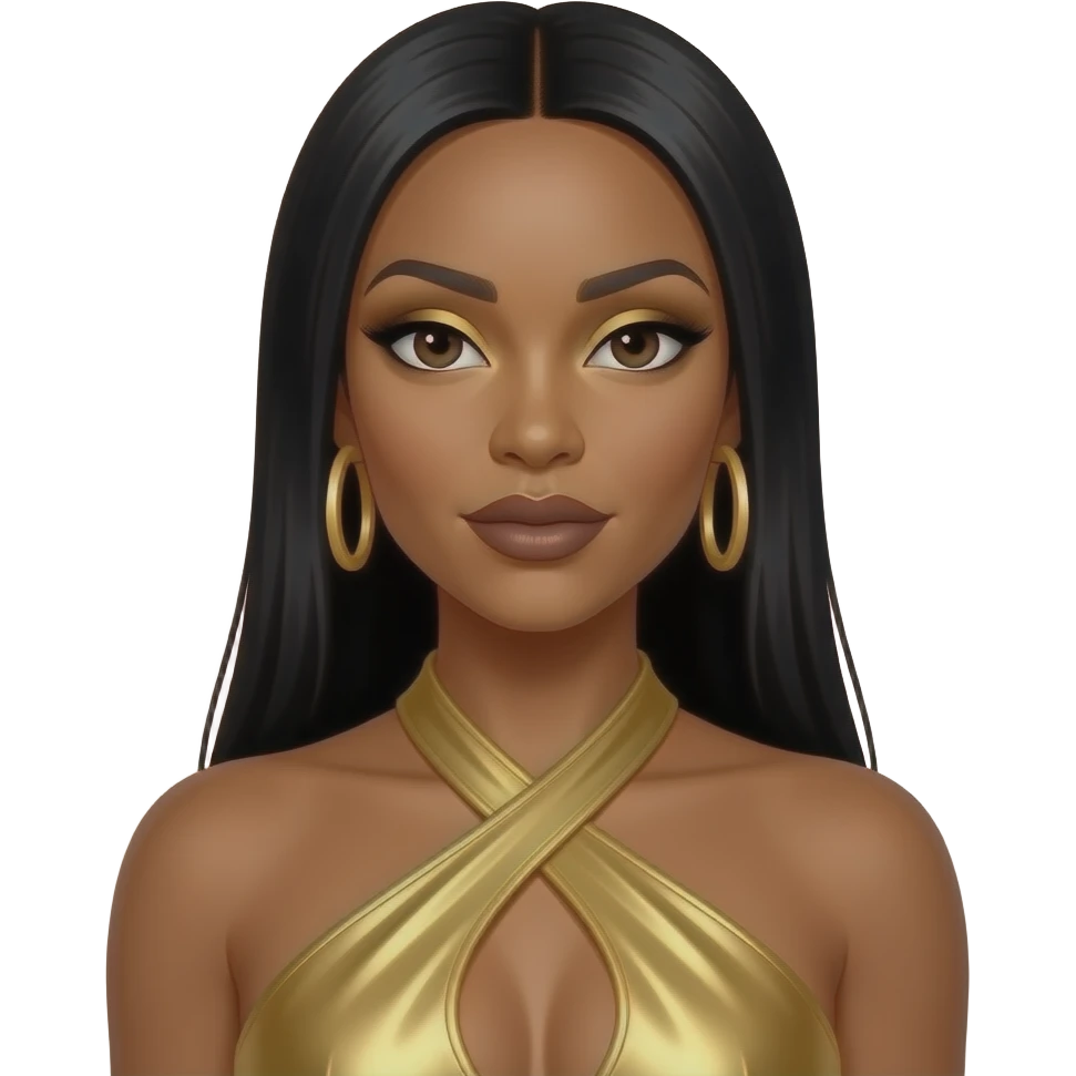 Tenitra Michelle Williams from Destiny's Child with dark brown eyes, long black 2000s straight Aaliyah style hair, gold eyeshadow, dark brown lipstick, gold metallic halter dress, gold earrings emoji