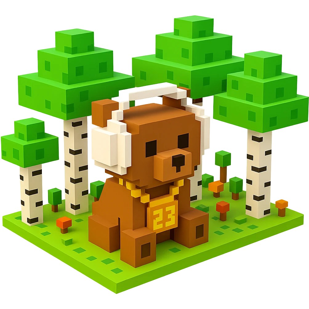 березовый лес, в котором сидит бурый медвежонок в белых наушниках (наушники должны закрывать уши медведя), на медведе цепь с подвеской "23", no background  emoji