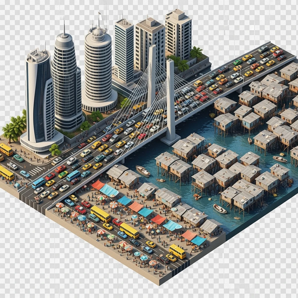 Isometric miniature of Lagos Lekki-Ikoyi Bridge, Eko Atlantic skyscrapers, Makoko slums, tin-roof shacks, chaotic markets, gridlocked traffic, 3D miniature effect and Tilt Shift effect, no cartoonish look, transparent background, don't cut angles emoji