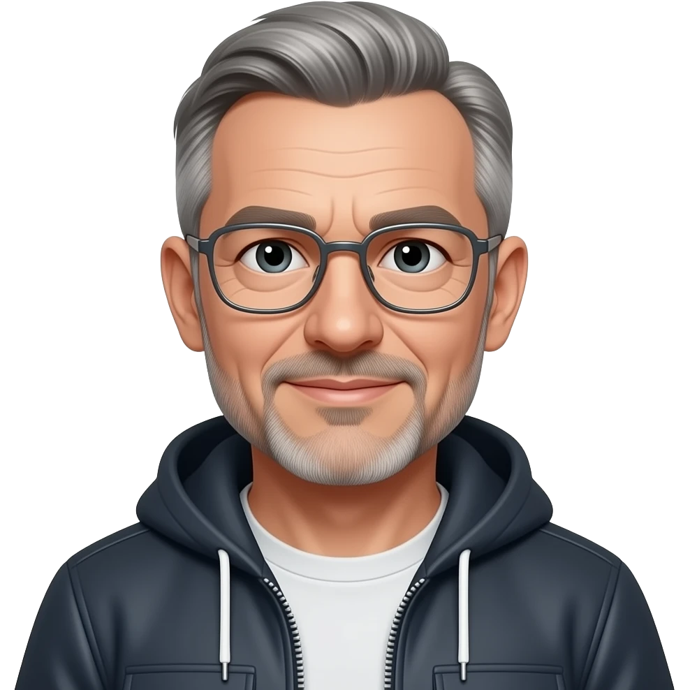 very entellectual man, 60 years old, street wear stubble, shaved, No beard, but a little stubble, thin metal-framed glasses short with clippers, but not bald emoji