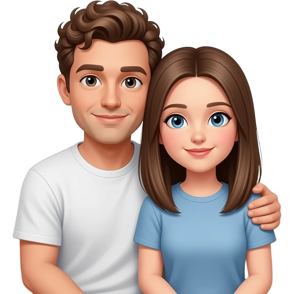 Realistic white man brown super short curly hair cuddling with realistic white girl brown straight hair on couch emoji