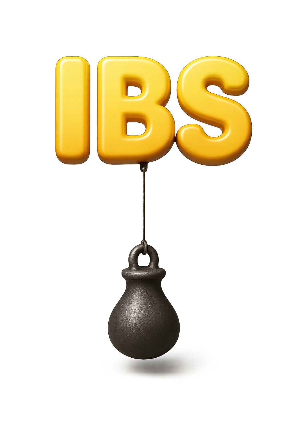emoji stile iphone della parola "IBS" sospesa in aria con zavorra attaccata sotto che la fa cadere per il peso, iperrealistico 4k emoji