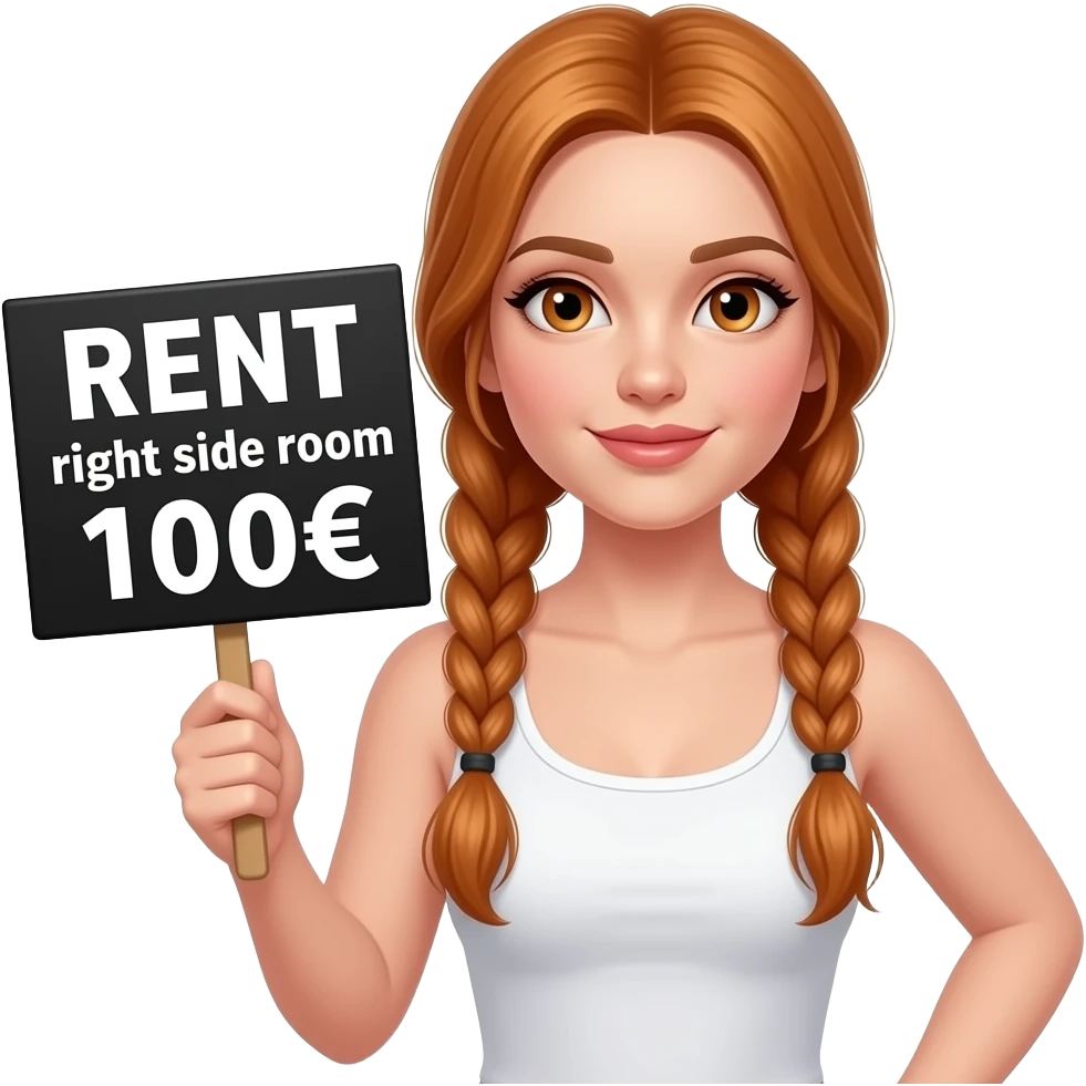 sexy girl with long ginger braids and ginger eyes wearing a white tanktop is holding a black sign with VERMIETE rechte BETTSEITE 100€ kalt written on it emoji