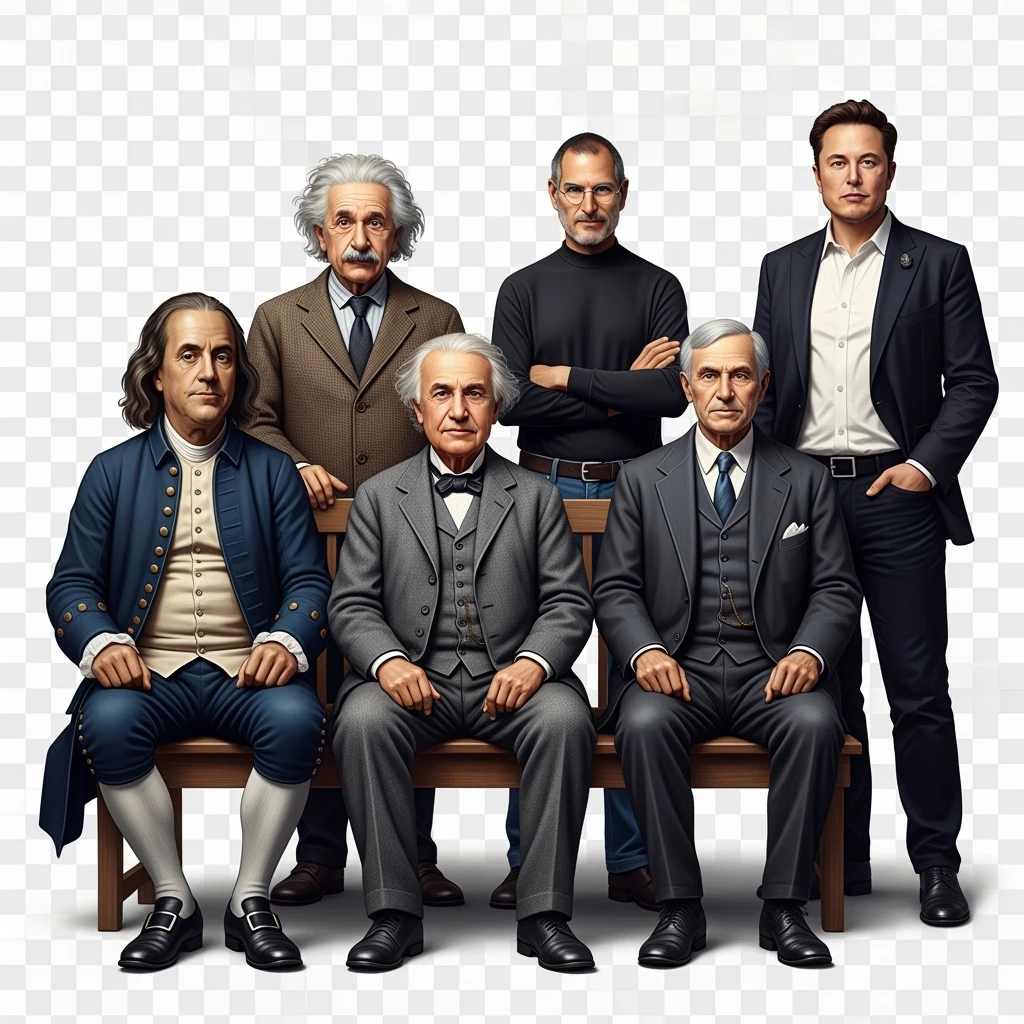 Generate in realistic style Franklin, Edison, Ford in the first row, Einstein, Jobs and Musk in the second behind them. png on transparent background emoji