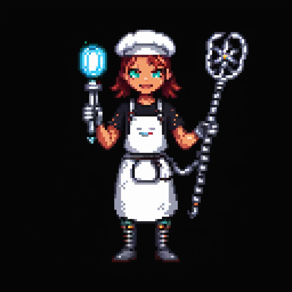 Portrait of a cyborg baker with a mechanical arm holding a whisk, glowing eyes, chrome apron, skeuomorphism style emoji