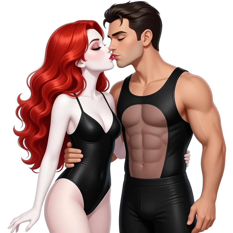 Vampiro femmina con capelli lunghi rosso fuoco ondulati con pelle bianca che in costume da bagno, due pezzi nero bacia il fidanzato VAMPIRO che è in costume da bagno emoji