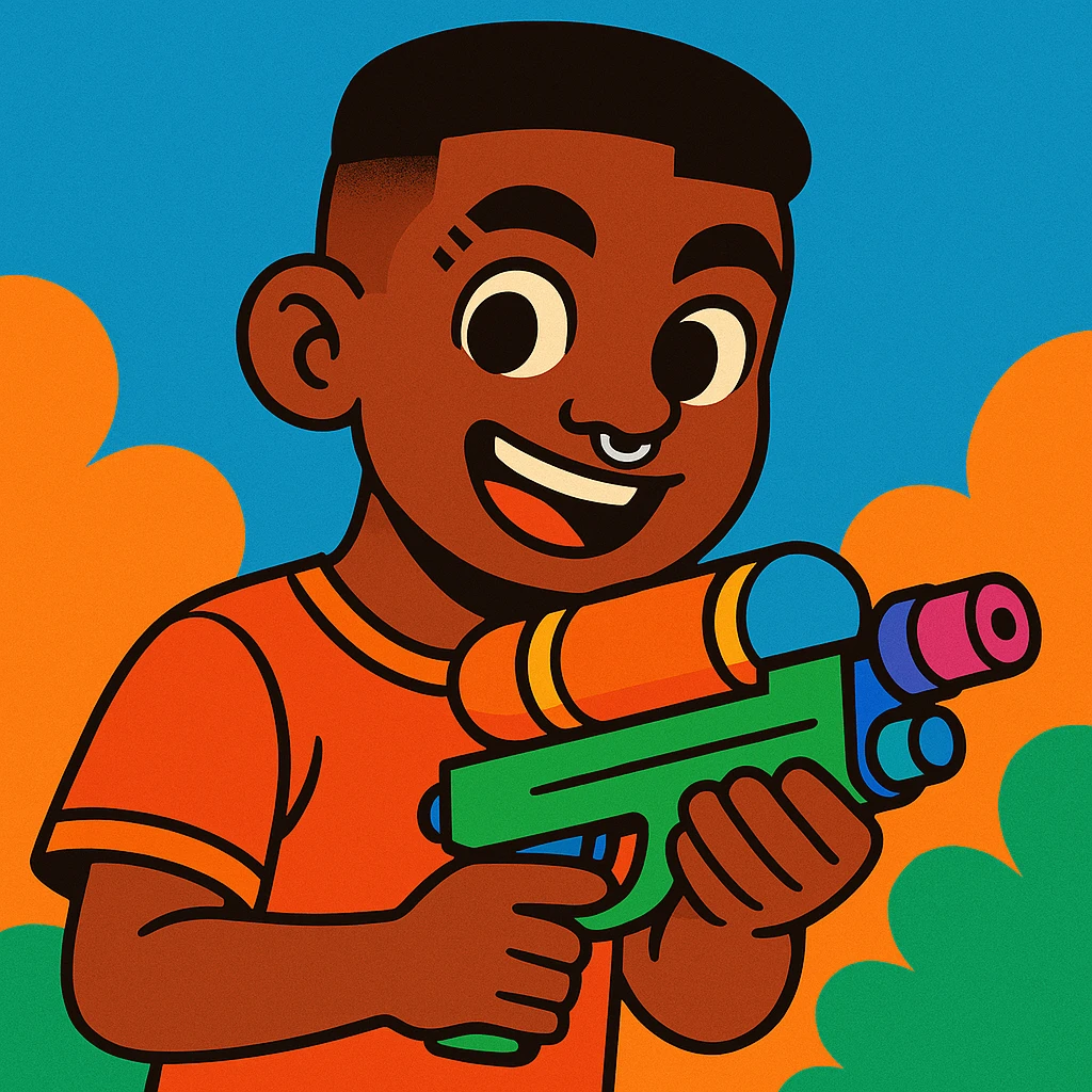 brown-skinned boy with a low taper fade haircut, septum piercing, two eyebrow slits on his left eyebrow, holding a watergun, vibrant cartoon style emoji