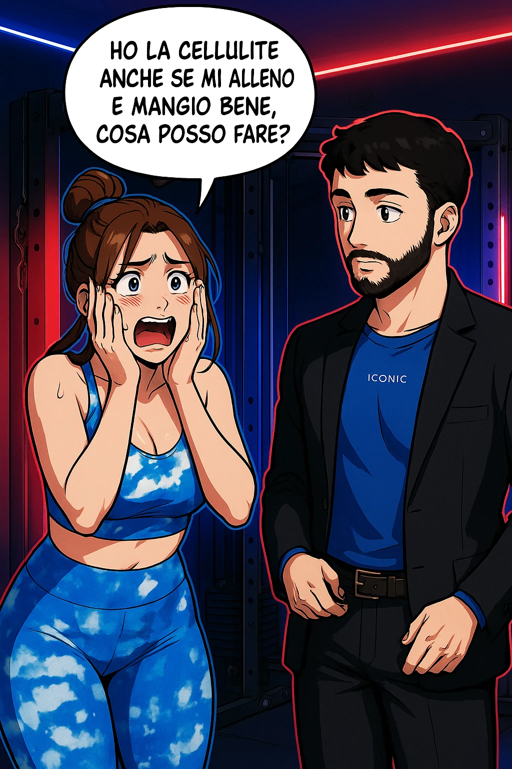 TRASFORMA QUESTO CAROSELLO IN UN FUMETTO STILE WEBTOON/MANGA A COLORI CON QUESTE DUE PERSONE IDENTICHE CHE INTERLOQUISCONO TRA LORO, LA DONNA è DISPERATA CON LE MANI SULLE GUANCE E STA DOMANDANDO TUTTA AGITATA UNA COSA ALL'UOMO:

LEI (DONNA): Ho la cellulite anche se mi alleno e mangio bene, cosa posso fare? emoji