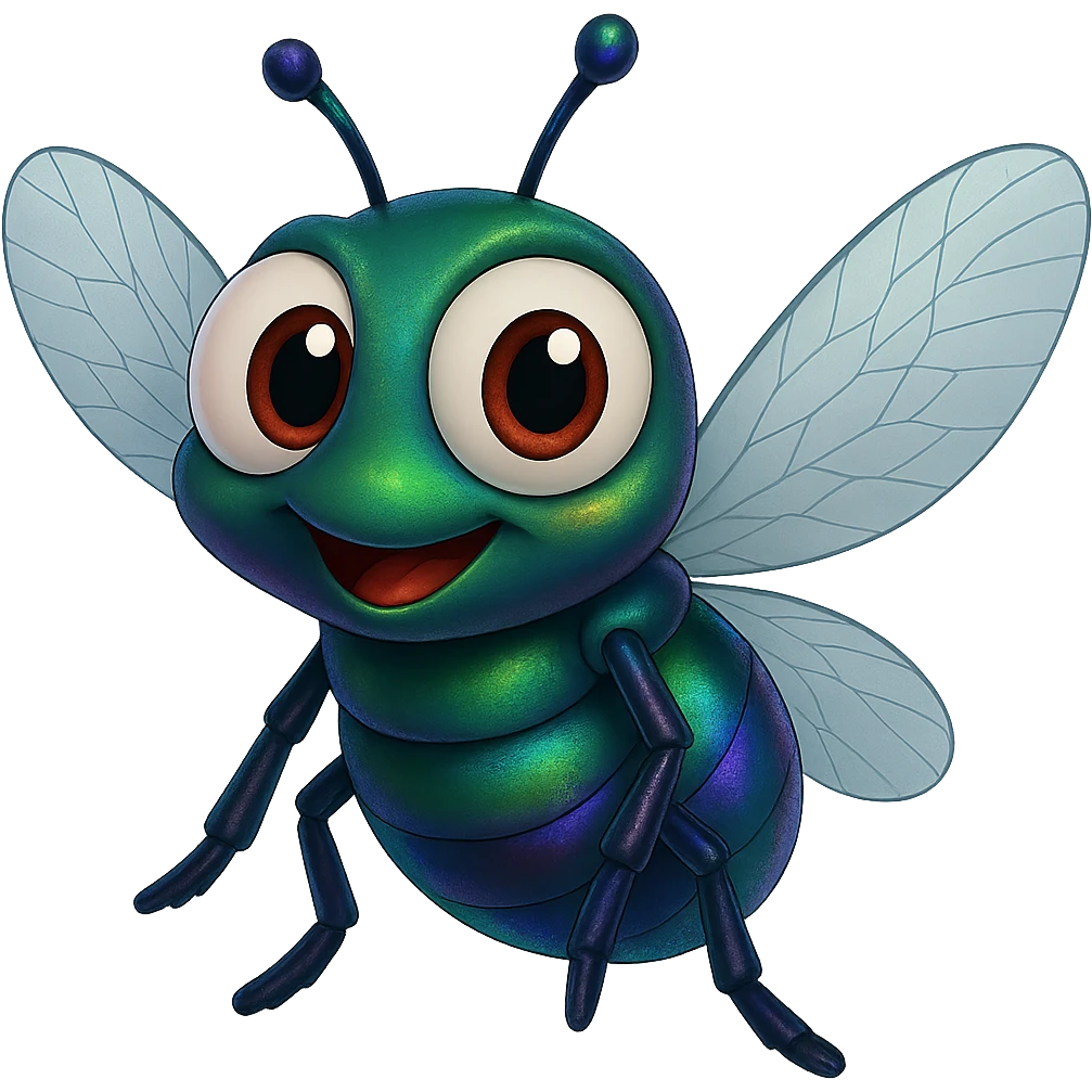 can you change its colors to look more like a real fly but leave it colorful, just add some Iridescent like on a real fly. leave the eyeballs white. trasparent background emoji