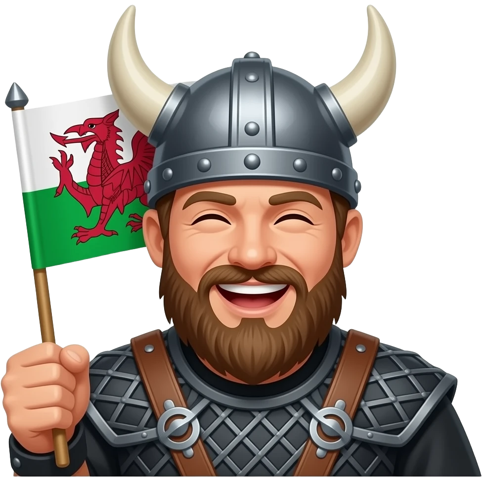 viking with black costume,wings on  helmet , beard, and holding a welsh flag, laughing emoji
