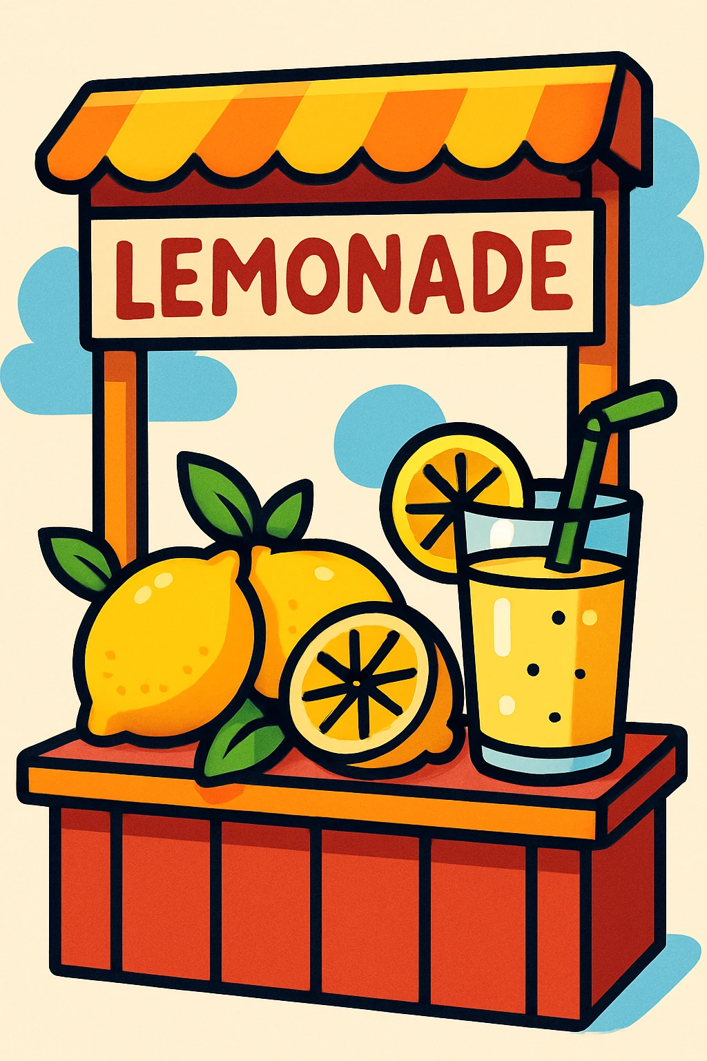 a stylized lemonade stand with a sign, lemons, and a glass, inviting and colorful, playful and vibrant emoji