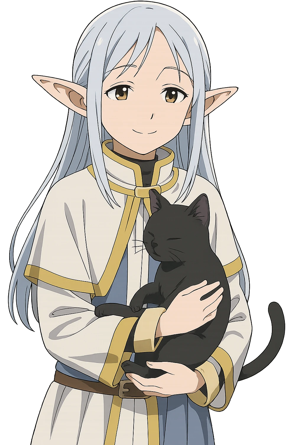 Frieren from Frieren: Beyond Journey's End, gentle expression, holding a black cat, anime style, clean background emoji