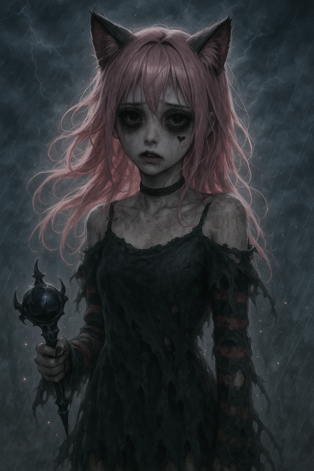 realistic anime catgirl with pink hair, emo streetwear, heart tattoo under left eye, dark magical accessory, sparkles, stormy background, ghostly horror look with tattered dress, flickering outline, and haunting expression emoji