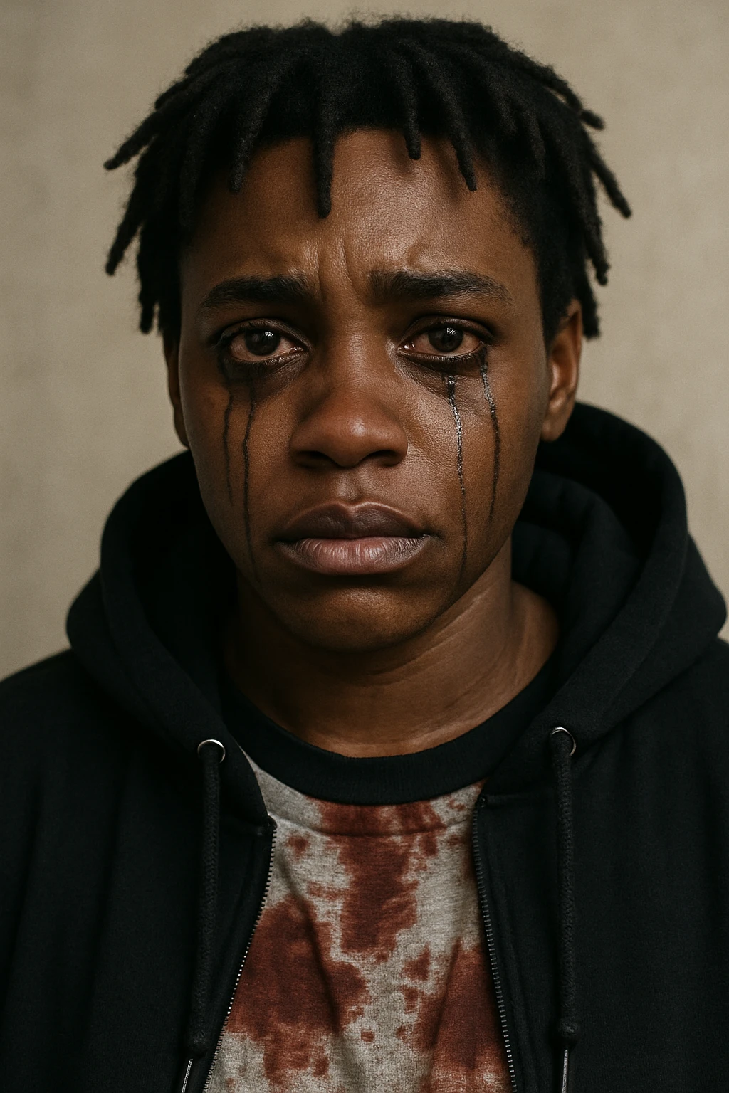 A brown dark-skinned person with short dreads, black mascara running from brown eyes, wearing a black hoodie and a shirt with blood stains. emoji